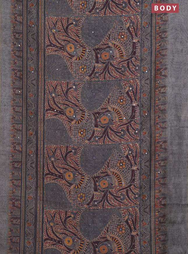 Semi linen saree grey shade with allover madhubani prints & mirror work