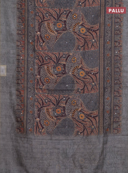 Semi linen saree grey shade with allover madhubani prints & mirror work