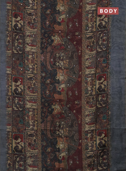 Semi linen saree grey shade with allover madhubani prints & mirror work