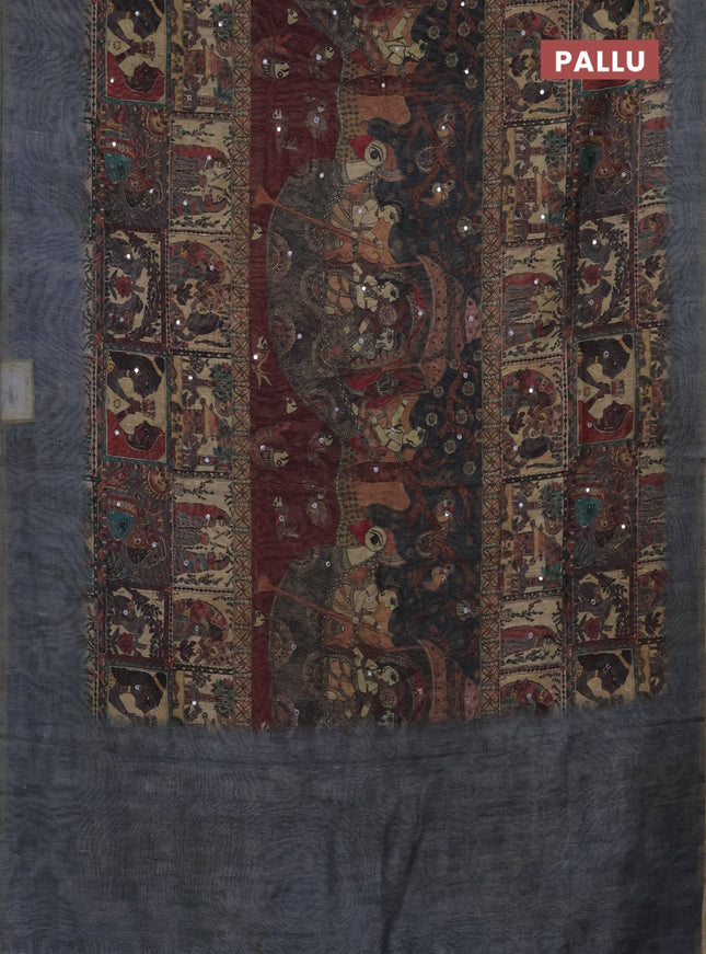 Semi linen saree grey shade with allover madhubani prints & mirror work