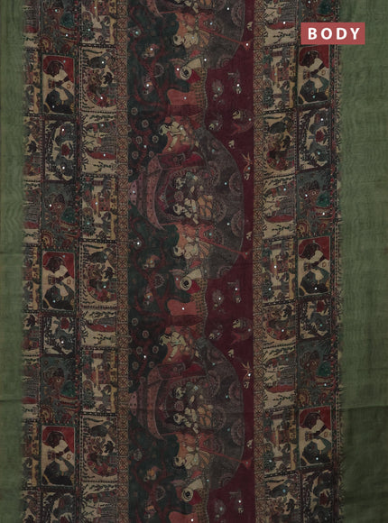 Semi linen saree green shade with allover madhubani prints & mirror work