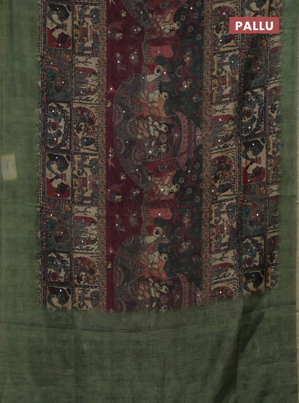 Semi linen saree green shade with allover madhubani prints & mirror work