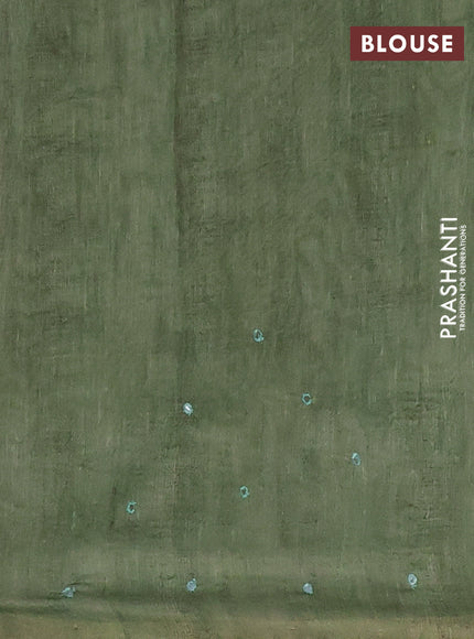 Semi linen saree green shade with allover madhubani prints & mirror work