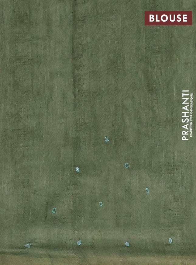 Semi linen saree green shade with allover madhubani prints & mirror work