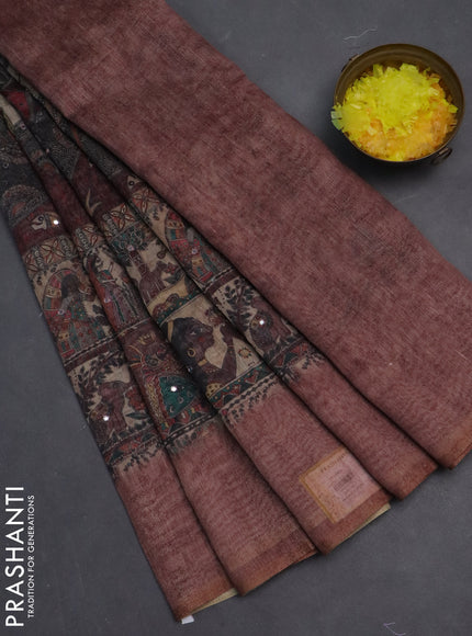 Semi linen saree pastel brown with allover madhubani prints & mirror work
