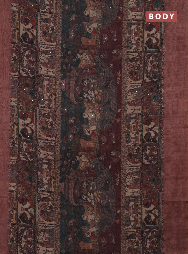 Semi linen saree pastel brown with allover madhubani prints & mirror work