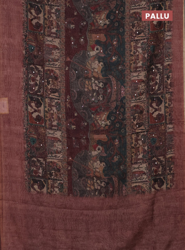 Semi linen saree pastel brown with allover madhubani prints & mirror work