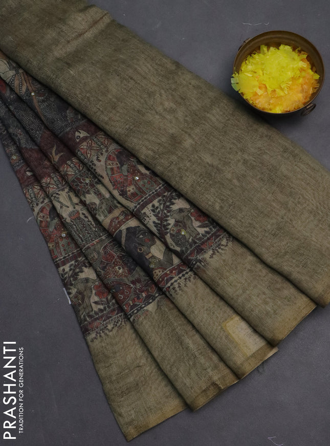 Semi linen saree pista green shade with allover madhubani prints & mirror work