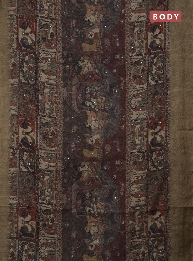 Semi linen saree pista green shade with allover madhubani prints & mirror work