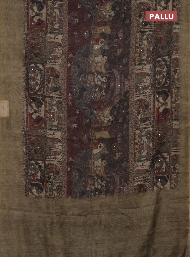 Semi linen saree pista green shade with allover madhubani prints & mirror work