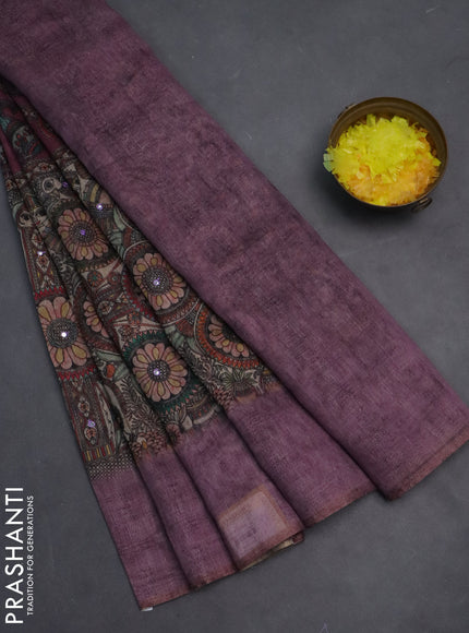 Semi linen saree purple shade with allover madhubani prints & mirror work