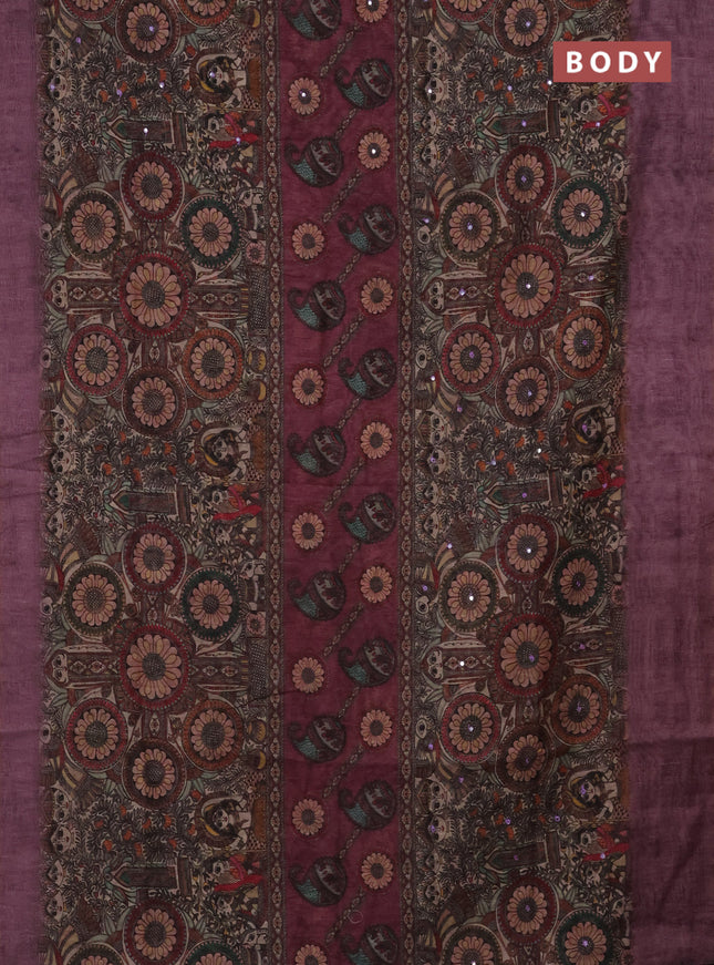 Semi linen saree purple shade with allover madhubani prints & mirror work