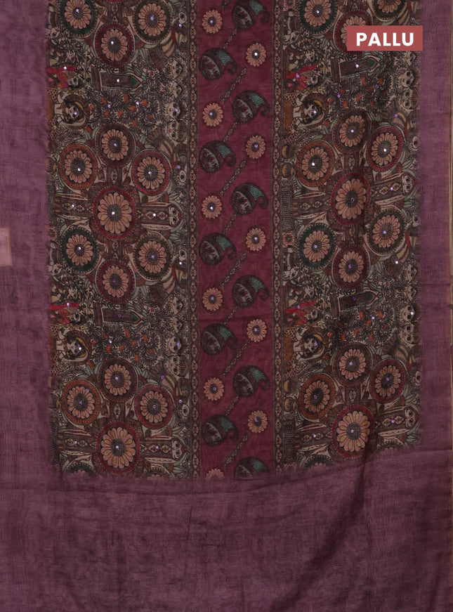 Semi linen saree purple shade with allover madhubani prints & mirror work