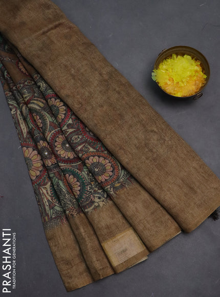 Semi linen saree sandal with allover madhubani prints & mirror work