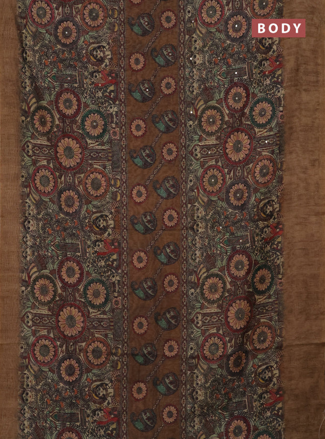 Semi linen saree sandal with allover madhubani prints & mirror work