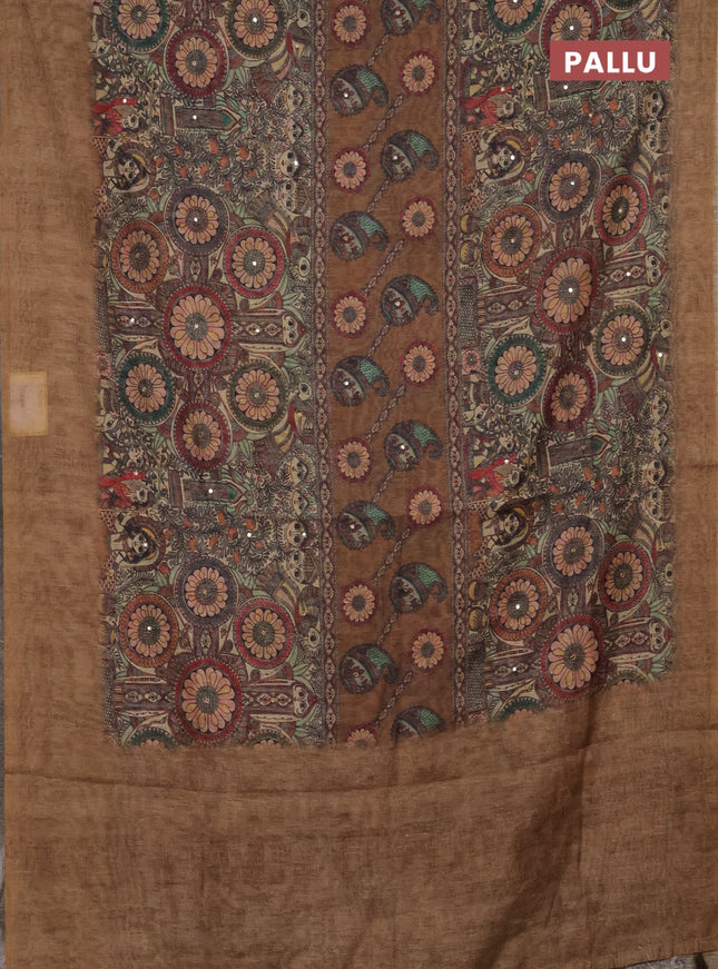 Semi linen saree sandal with allover madhubani prints & mirror work