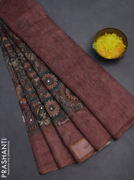 Semi linen saree pastel maroon with allover madhubani prints & mirror work