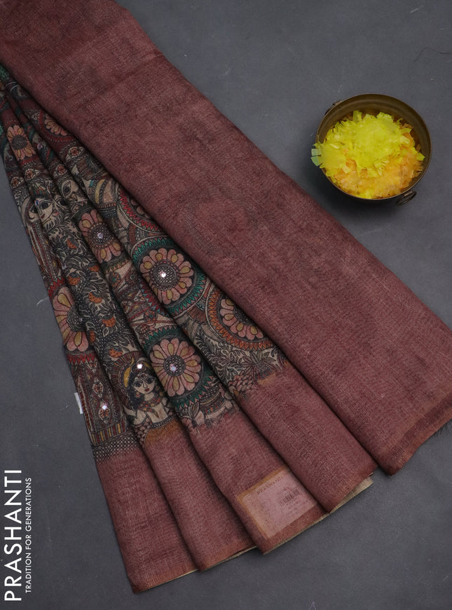 Semi linen saree pastel maroon with allover madhubani prints & mirror work