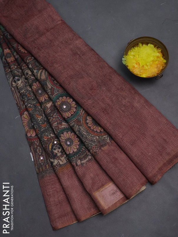 Semi linen saree pastel maroon with allover madhubani prints & mirror work