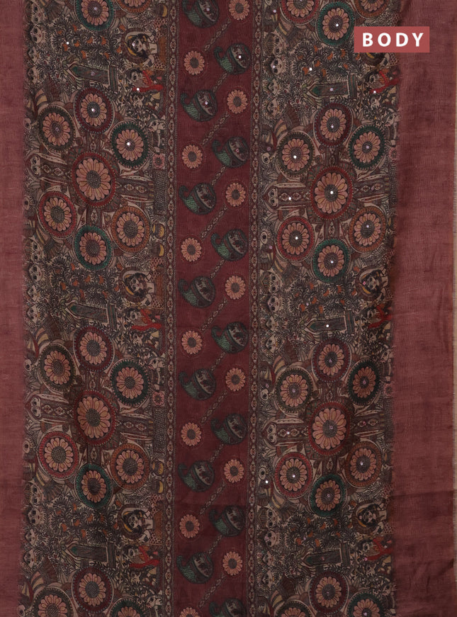 Semi linen saree pastel maroon with allover madhubani prints & mirror work
