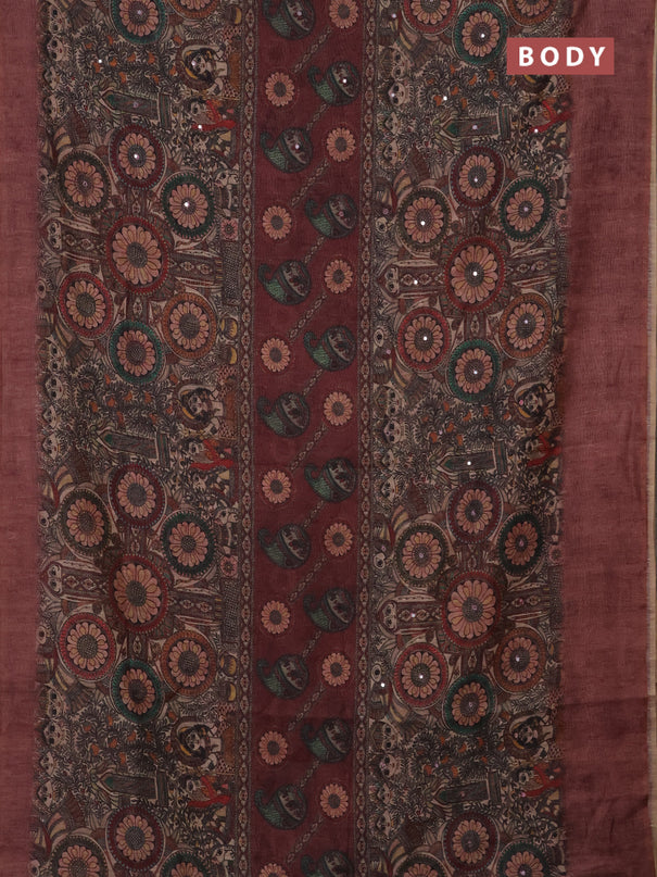 Semi linen saree pastel maroon with allover madhubani prints & mirror work