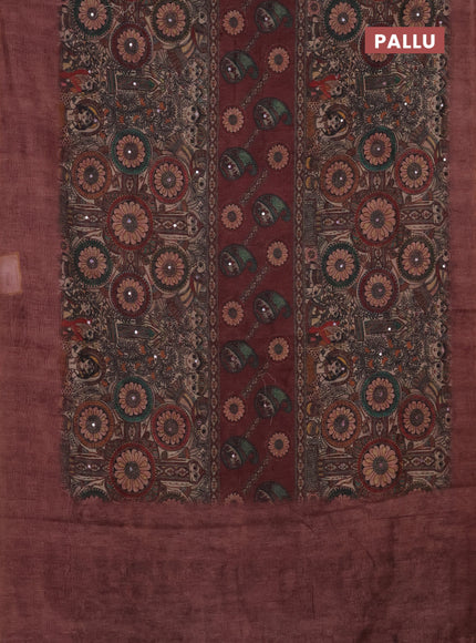 Semi linen saree pastel maroon with allover madhubani prints & mirror work