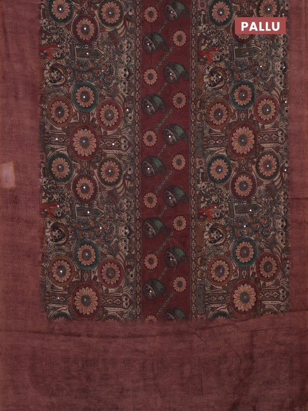 Semi linen saree pastel maroon with allover madhubani prints & mirror work