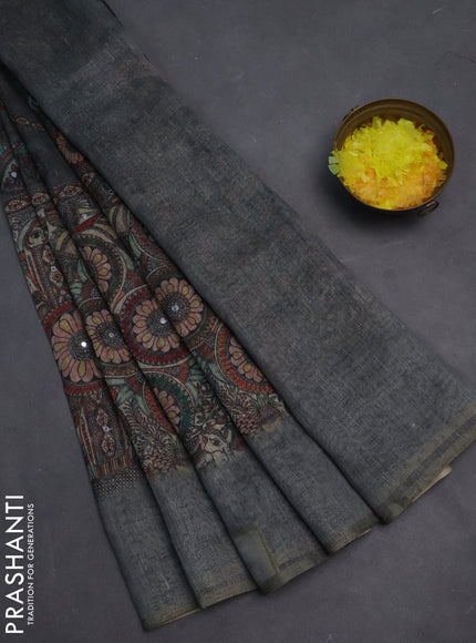 Semi linen saree grey with allover madhubani prints & mirror work