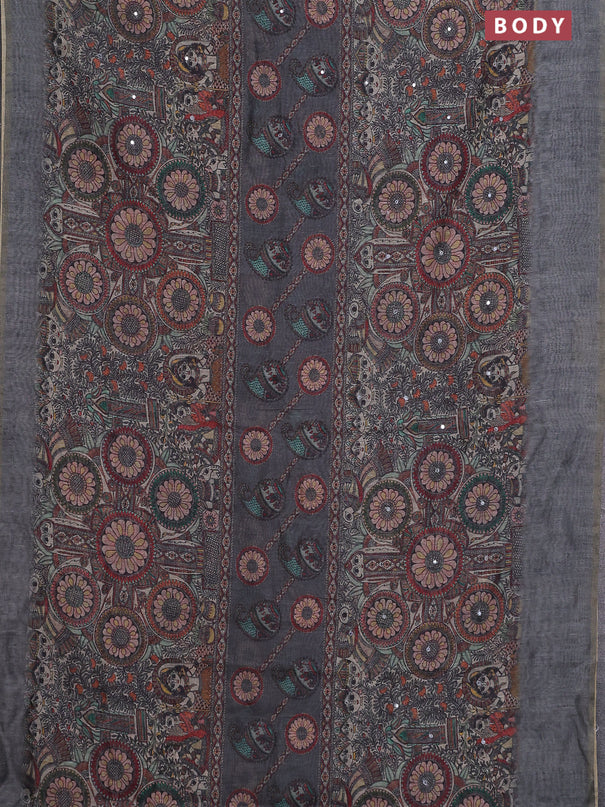 Semi linen saree grey with allover madhubani prints & mirror work