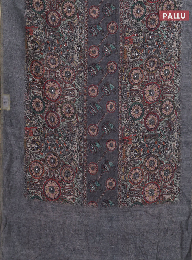 Semi linen saree grey with allover madhubani prints & mirror work