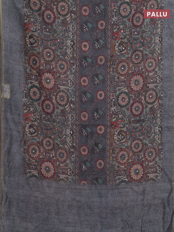 Semi linen saree grey with allover madhubani prints & mirror work