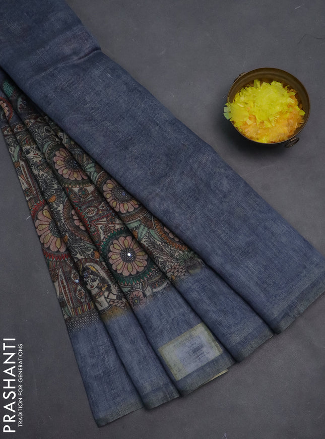 Semi linen saree greyish blue with allover madhubani prints & mirror work