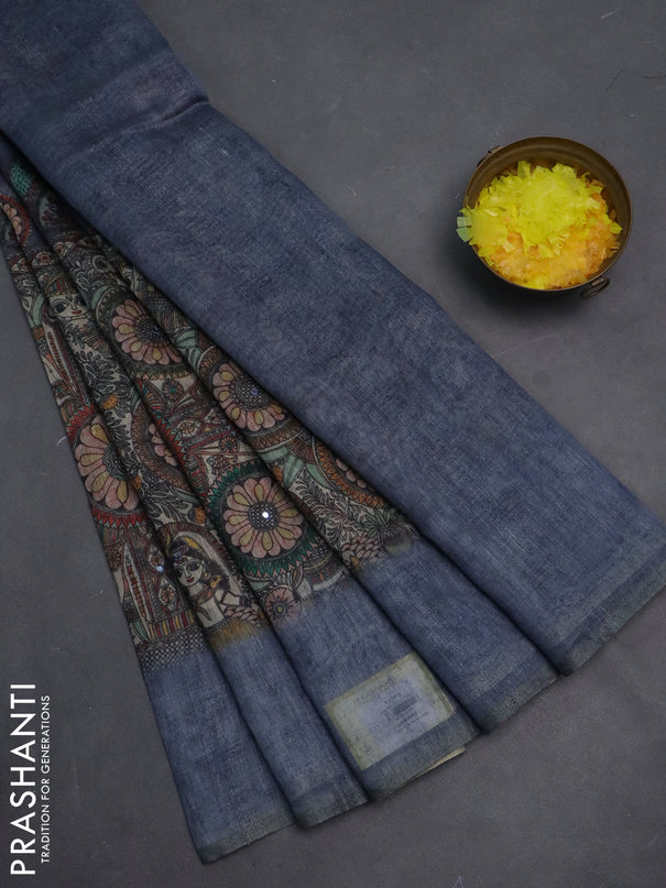 Semi linen saree greyish blue with allover madhubani prints & mirror work