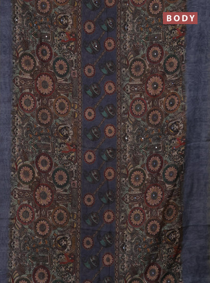 Semi linen saree greyish blue with allover madhubani prints & mirror work