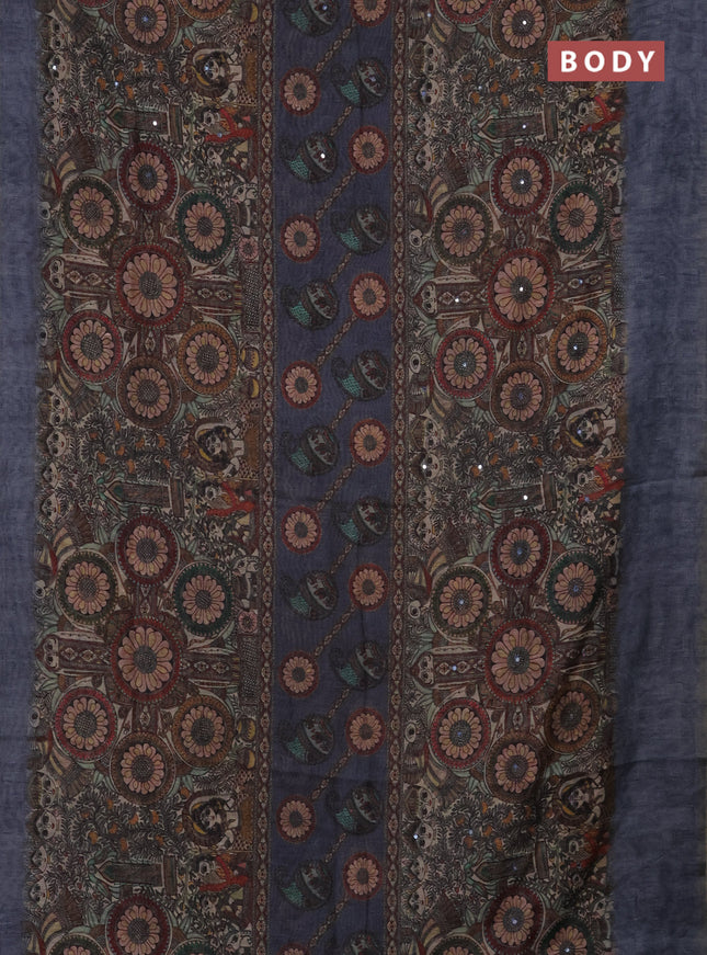 Semi linen saree greyish blue with allover madhubani prints & mirror work