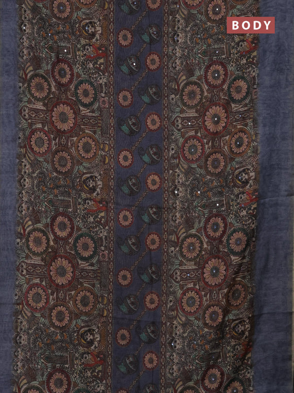 Semi linen saree greyish blue with allover madhubani prints & mirror work