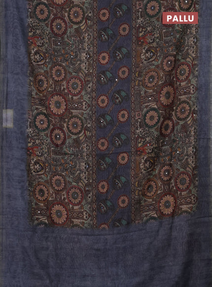 Semi linen saree greyish blue with allover madhubani prints & mirror work