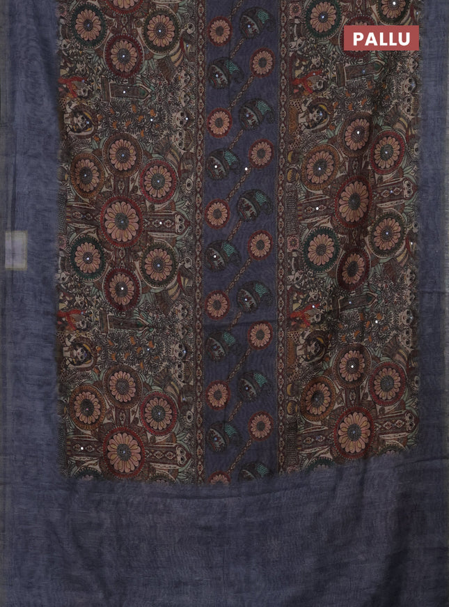 Semi linen saree greyish blue with allover madhubani prints & mirror work
