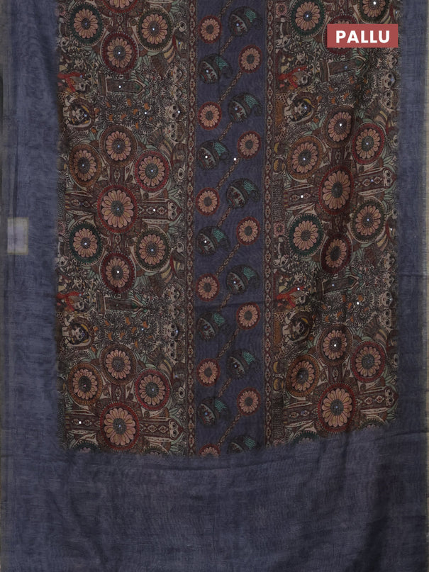 Semi linen saree greyish blue with allover madhubani prints & mirror work