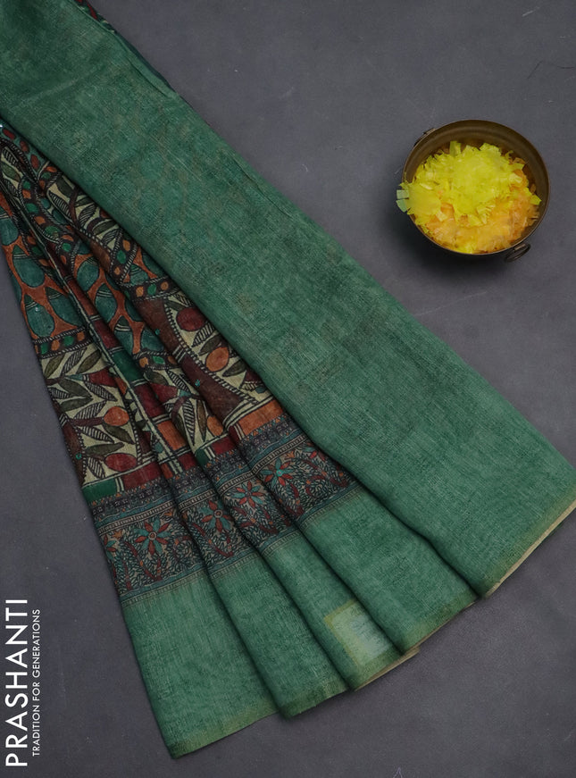 Semi linen saree green shade with allover madhubani prints & mirror work