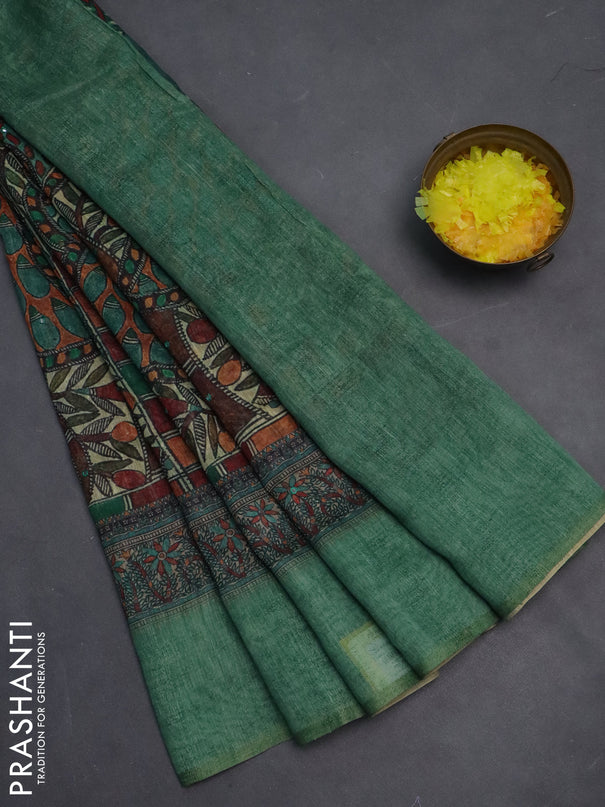 Semi linen saree green shade with allover madhubani prints & mirror work