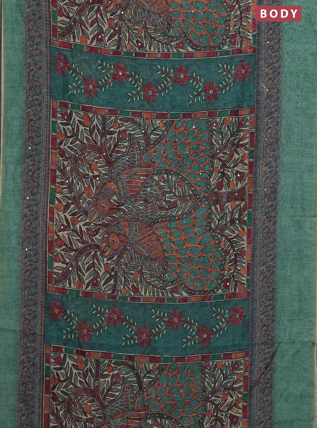 Semi linen saree green shade with allover madhubani prints & mirror work