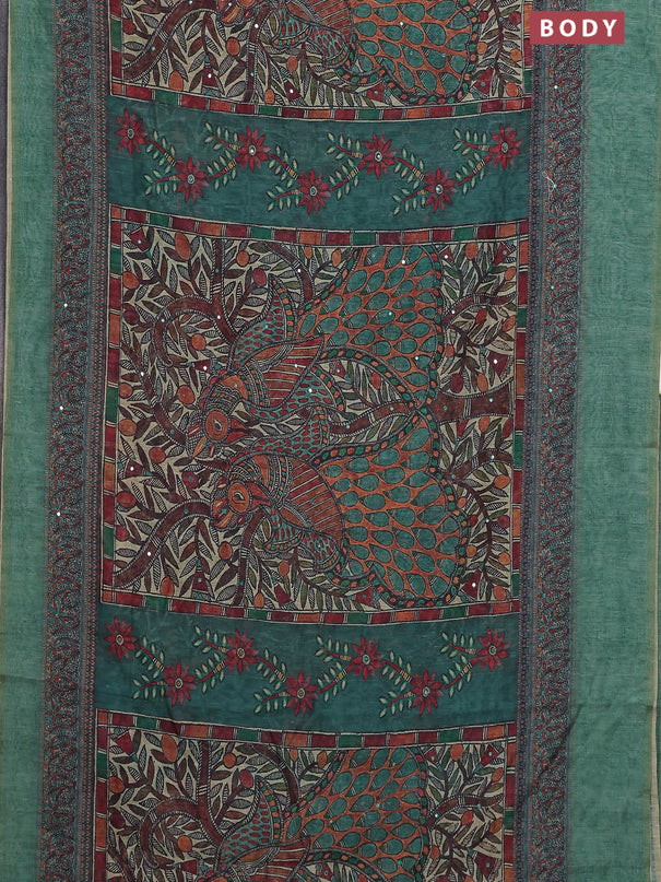 Semi linen saree green shade with allover madhubani prints & mirror work