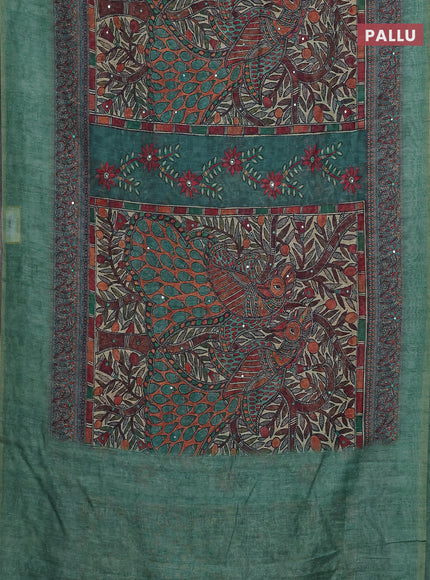 Semi linen saree green shade with allover madhubani prints & mirror work