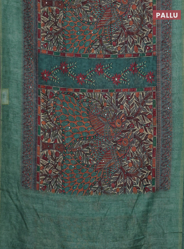 Semi linen saree green shade with allover madhubani prints & mirror work
