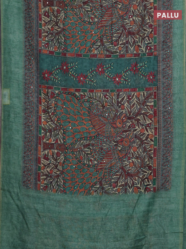 Semi linen saree green shade with allover madhubani prints & mirror work
