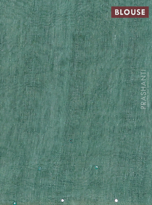 Semi linen saree green shade with allover madhubani prints & mirror work