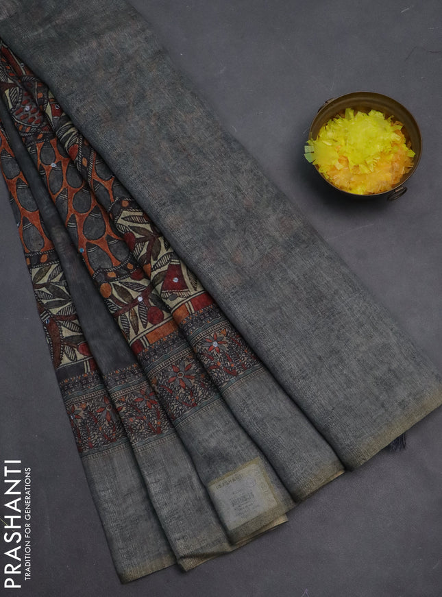 Semi linen saree grey with allover madhubani prints & mirror work