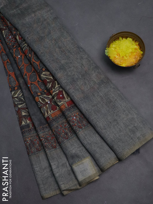 Semi linen saree grey with allover madhubani prints & mirror work