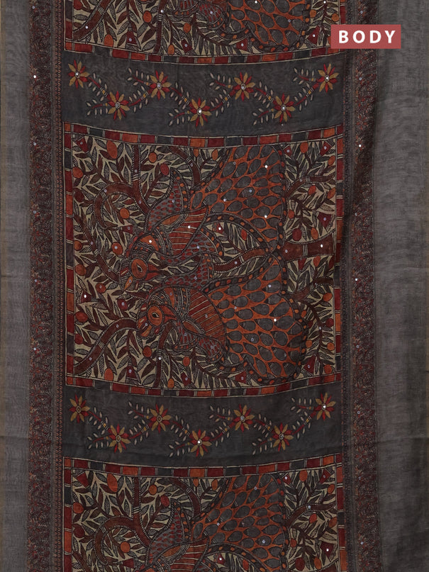 Semi linen saree grey with allover madhubani prints & mirror work